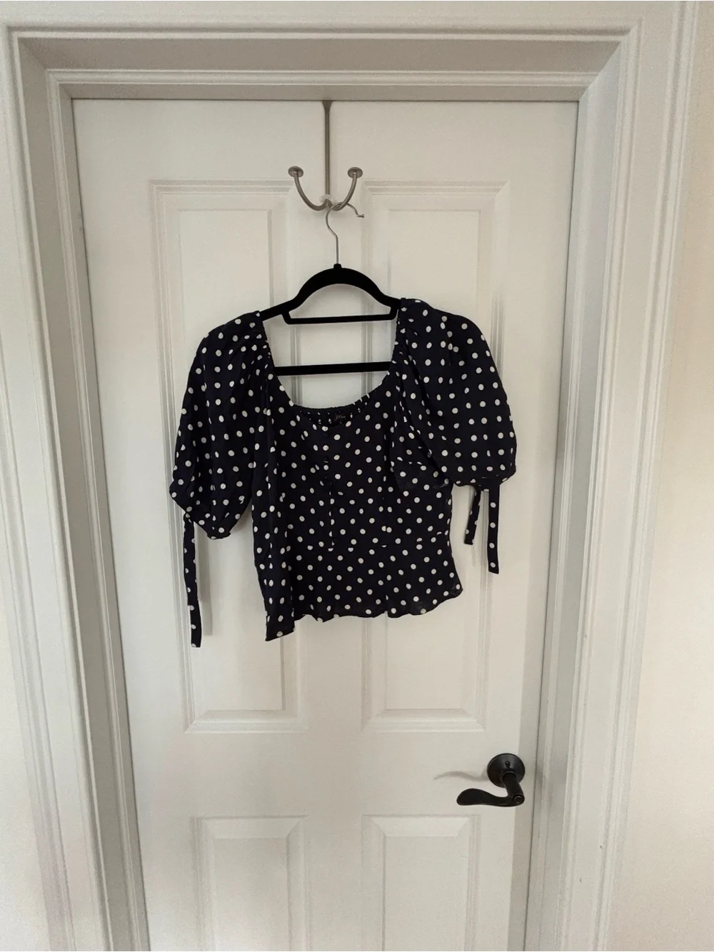 J. Crew Navy Polka Dot Puff Sleeve Blouse